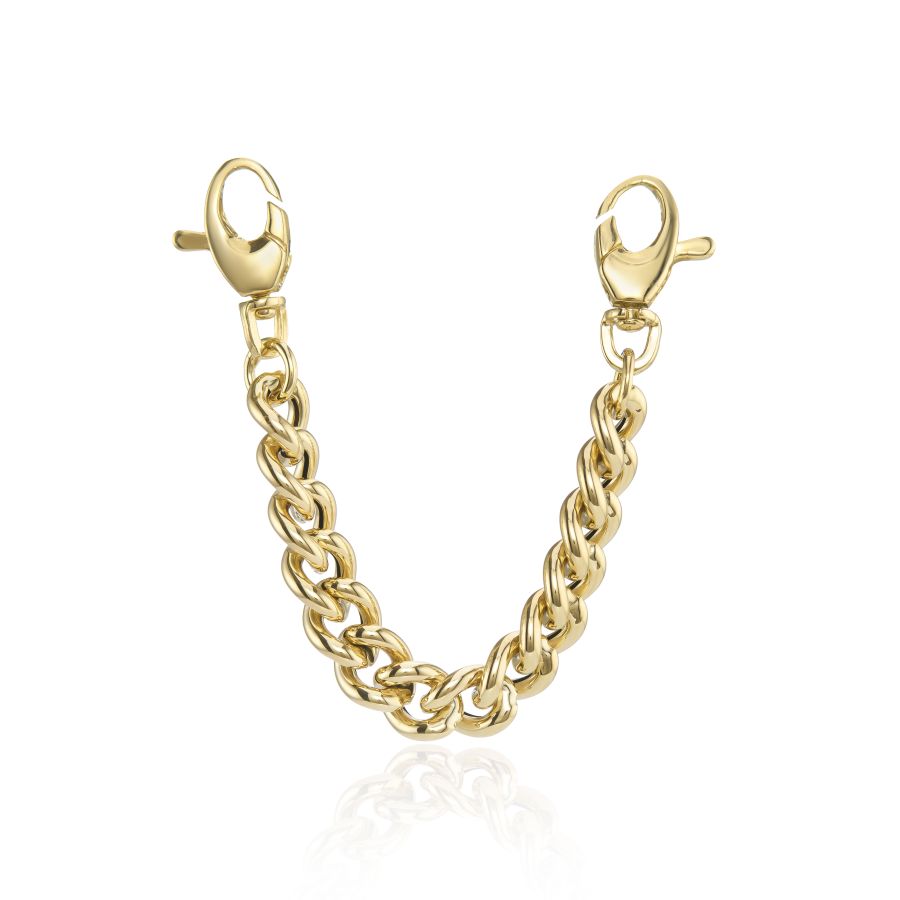 9ct gold chunky extension chain necklace by Mark Milton, showing a close-up of the 5cm extension link on a jewelry display.