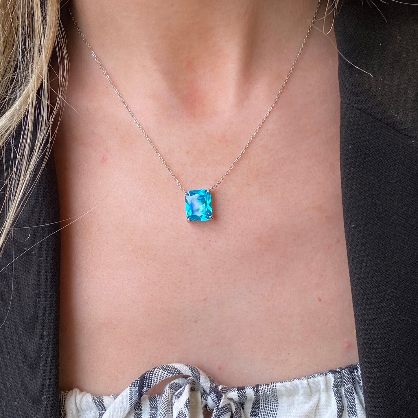 Silver 10x8mm Aqua Necklace | 40+5cm - John Ross Jewellers