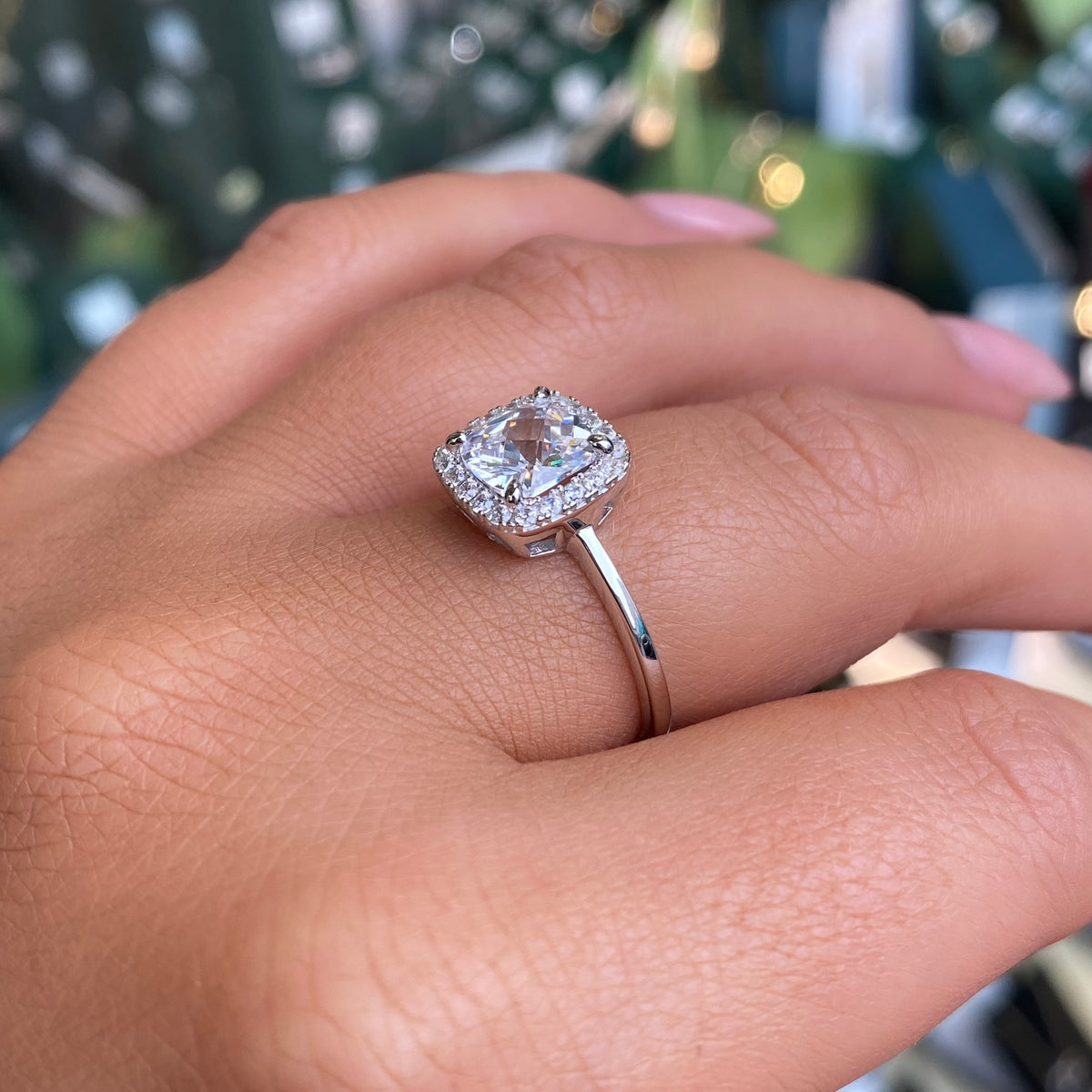 Silver Cushion Halo CZ Ring