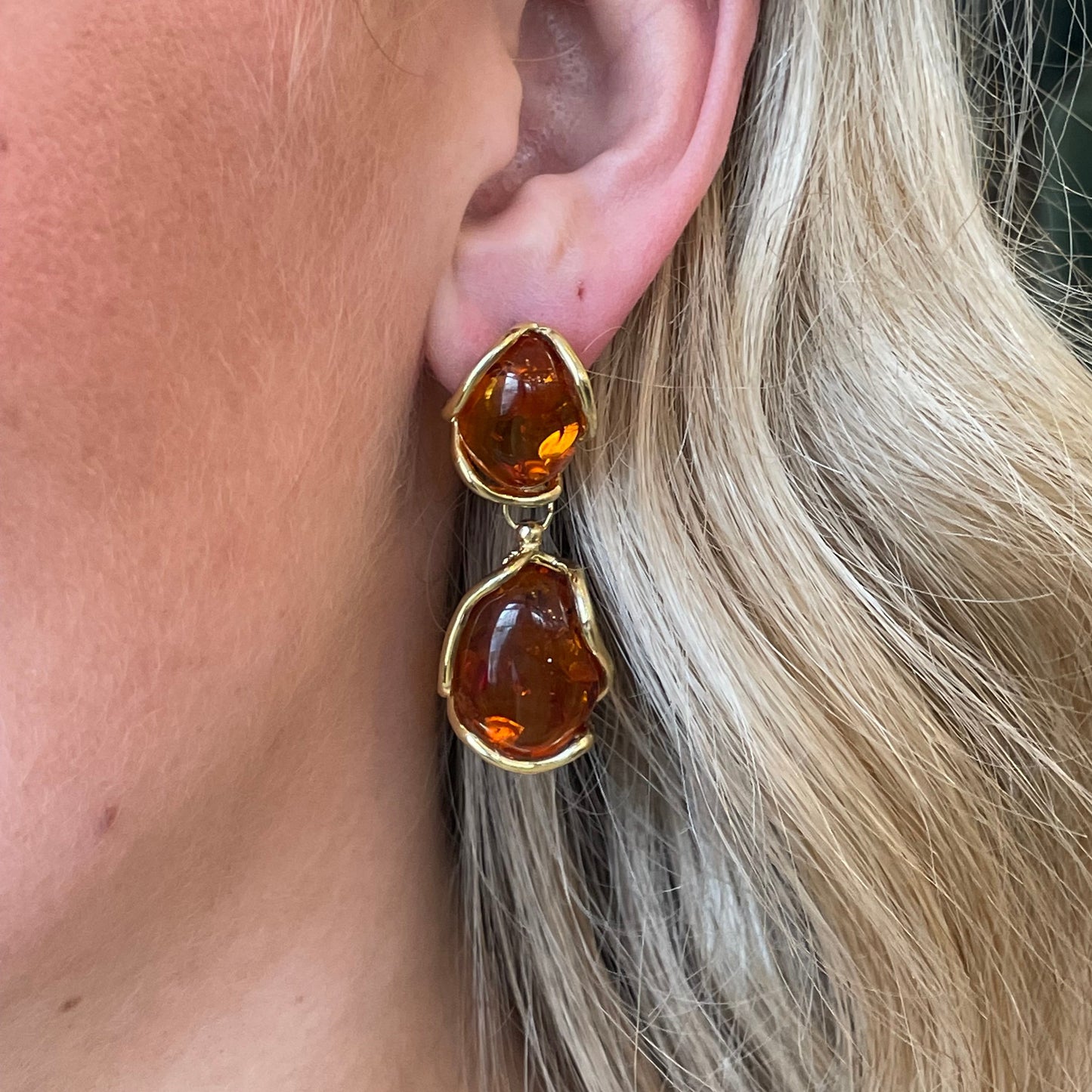 Bruno Baroque Amber Drop Earrings featuring 48mm x 17mm amber-colored earrings with intricate design and gold-tone hooks.