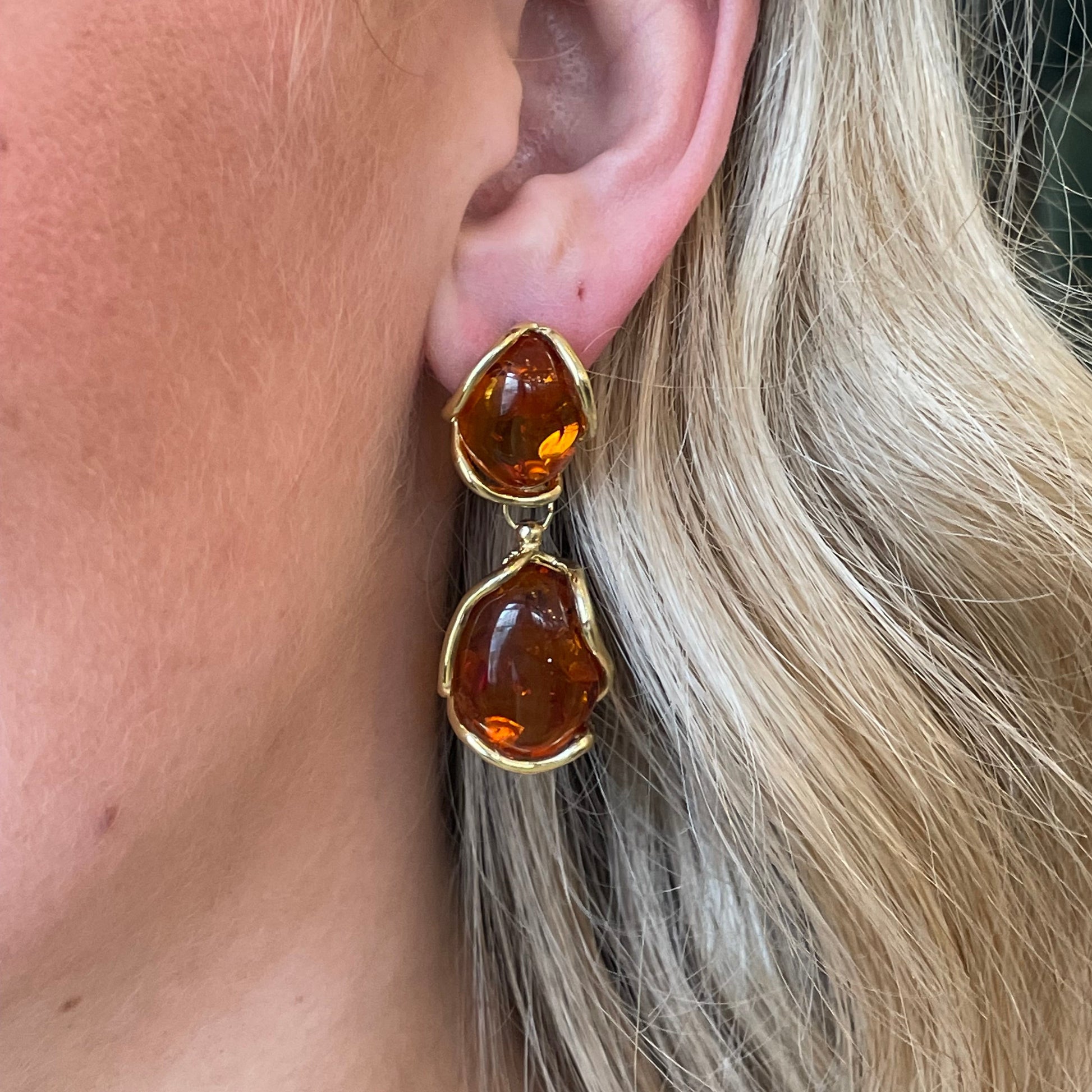 Bruno Baroque Amber Drop Earrings featuring 48mm x 17mm amber-colored earrings with intricate design and gold-tone hooks.