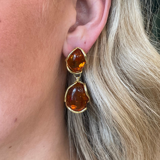 Bruno Baroque Amber Drop Earrings featuring 48mm x 17mm amber-colored earrings with intricate design and gold-tone hooks.