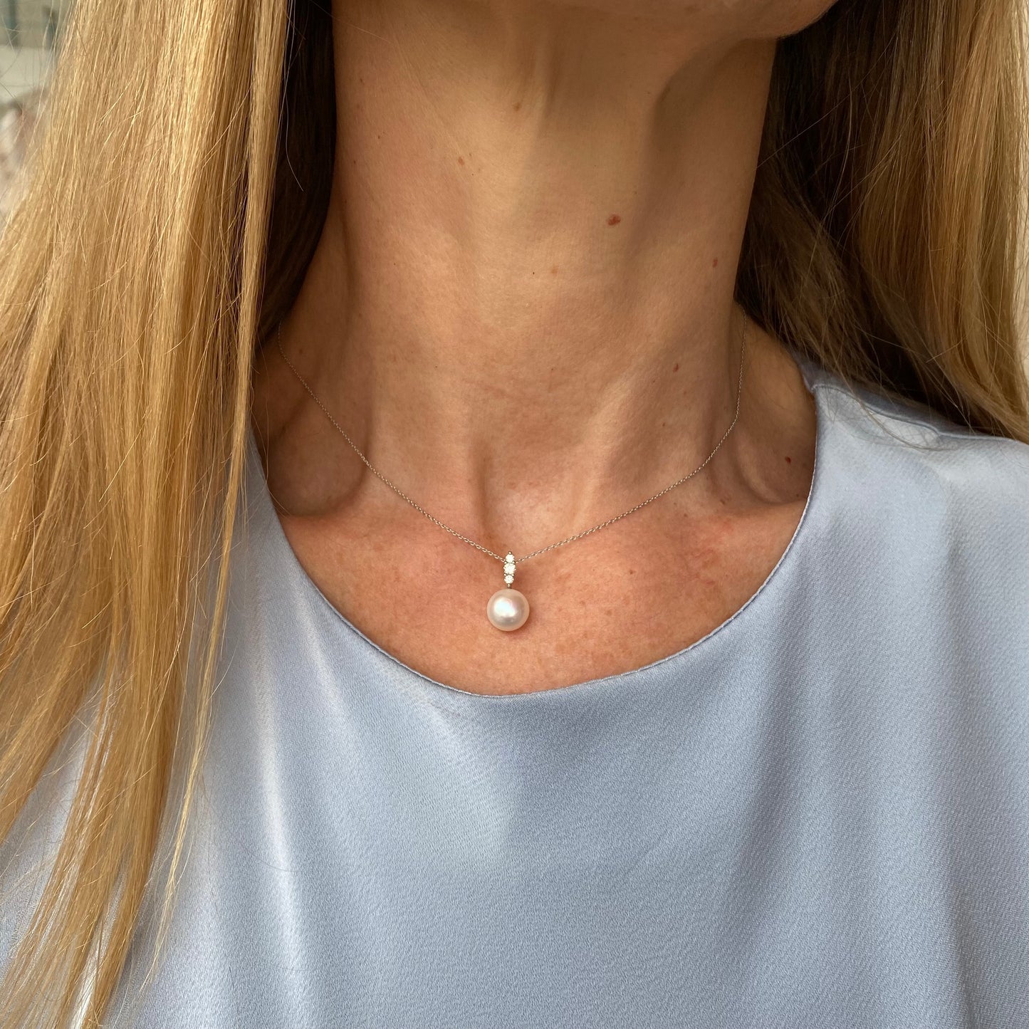 9ct White Gold Freshwater Pearl & CZ Pendant Necklace - John Ross Jewellers