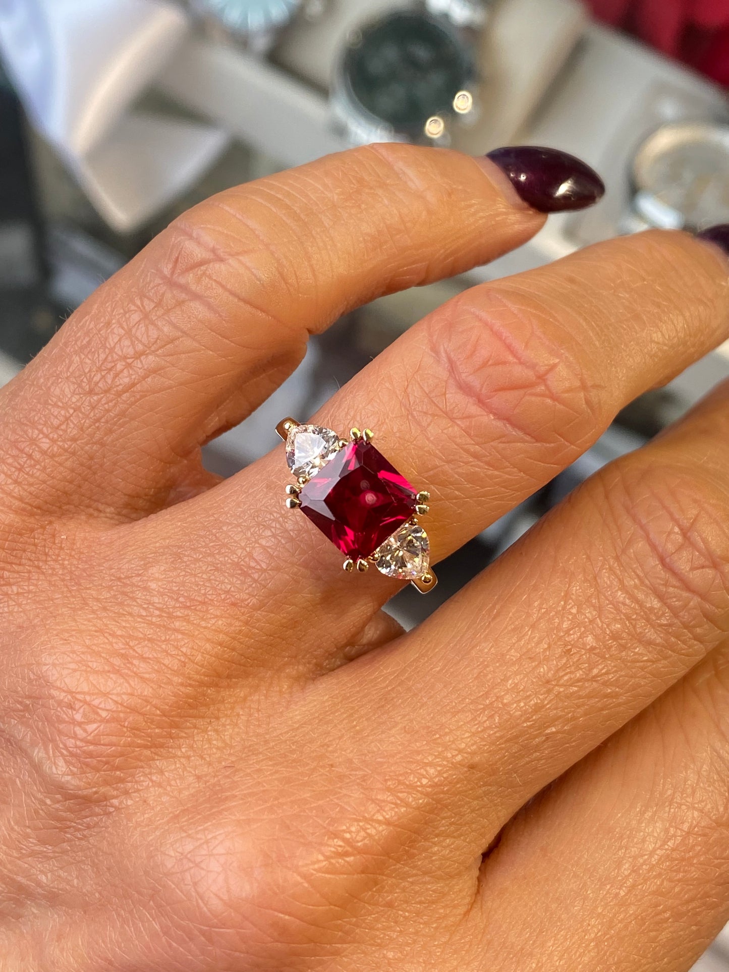 9ct Gold Created Ruby & CZ Ring