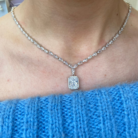 Silver Emerald Cut Tennis Necklace - John Ross Jewellers