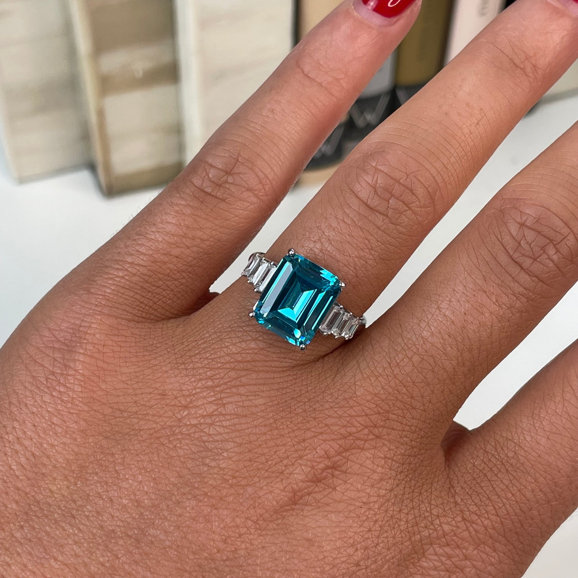 Silver Aqua & Baguette CZ Solitaire Ring - John Ross Jewellers