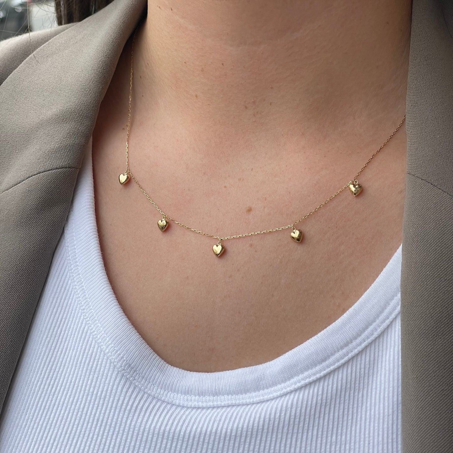 9ct Gold Puffed Five Hearts Fringe Necklace - John Ross Jewellers