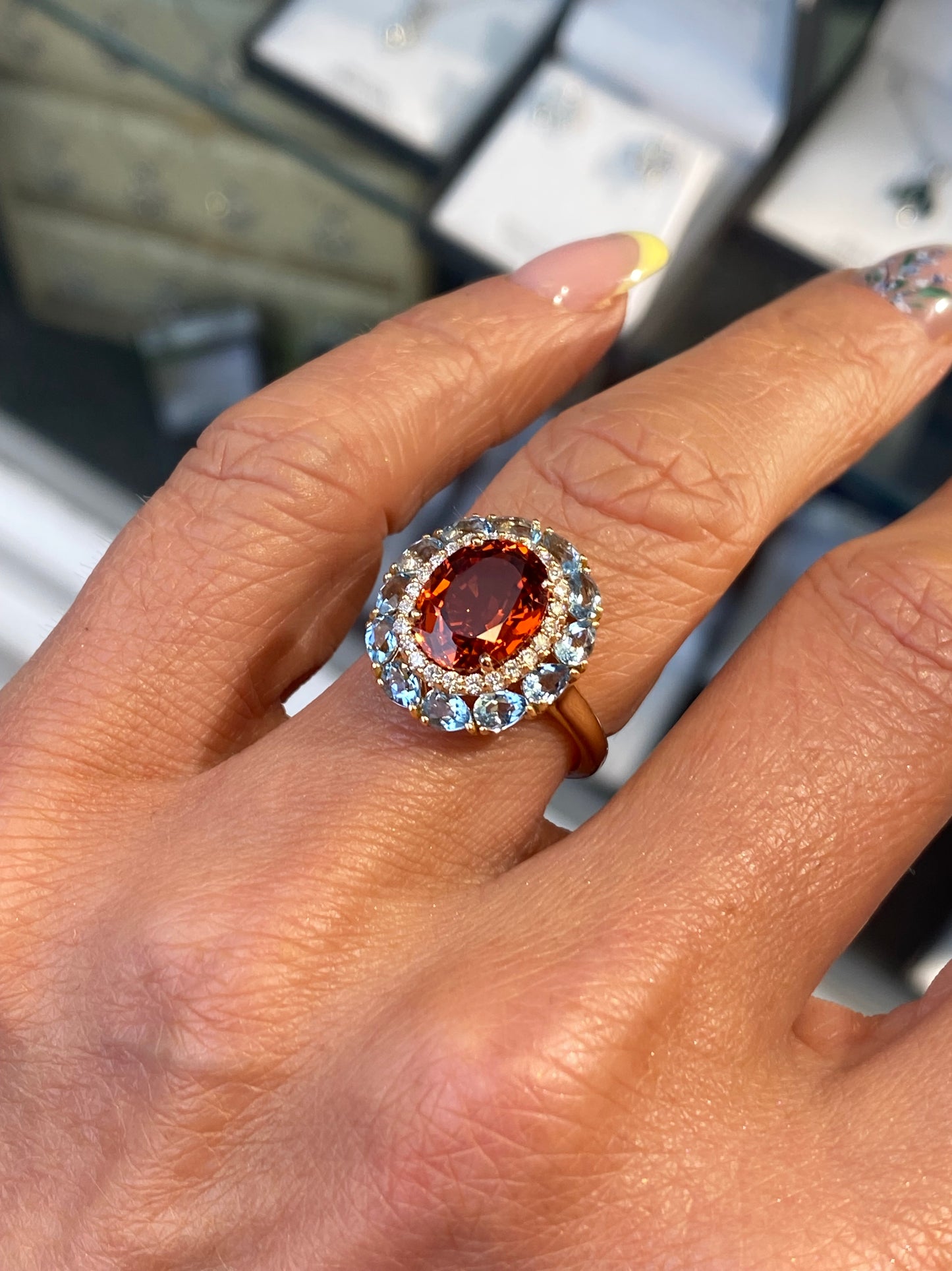18ct Gold Spessartite Garnet, Aquamarine & Diamond Ring - John Ross Jewellers