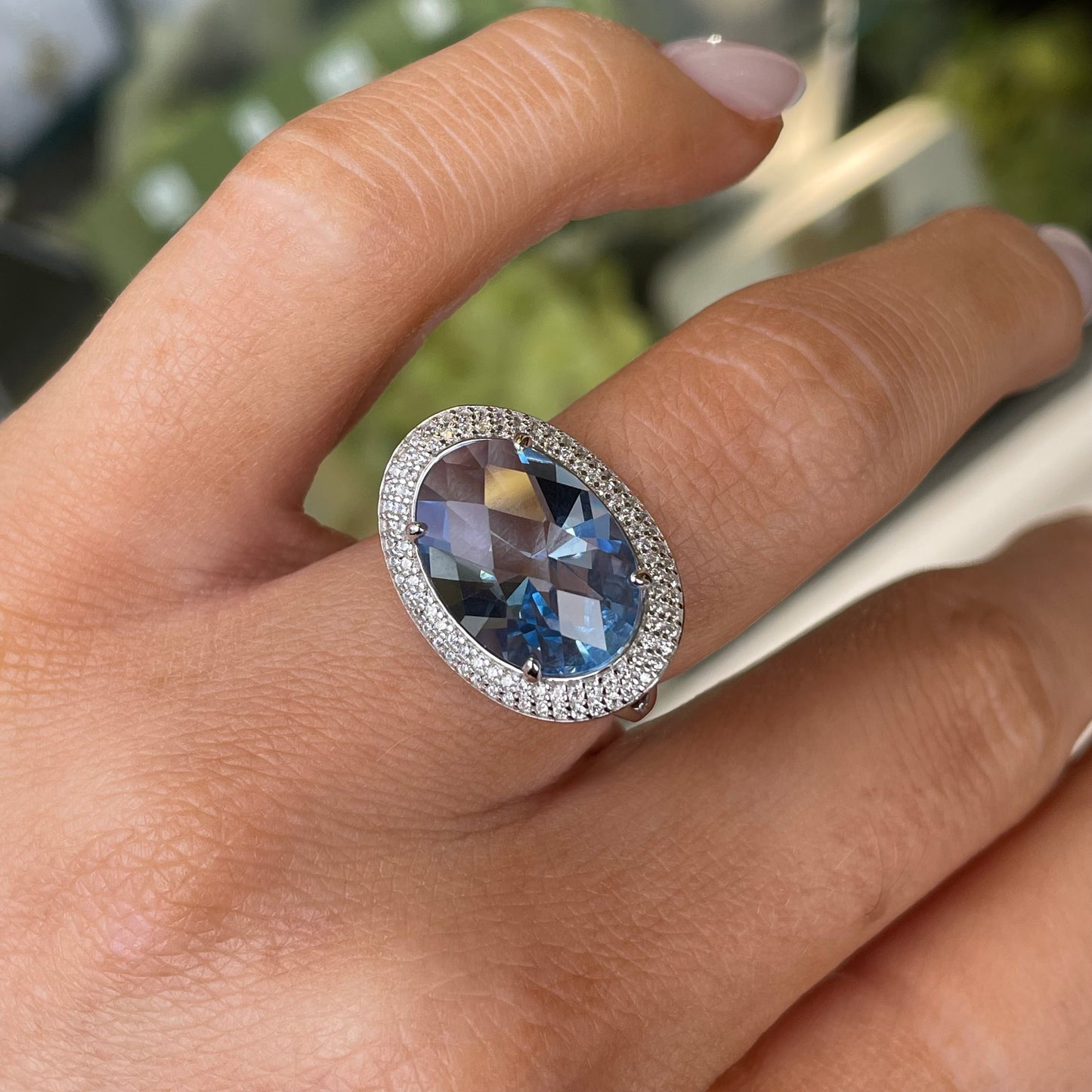 Silver Oval East West CZ Ring | Aqua Blue