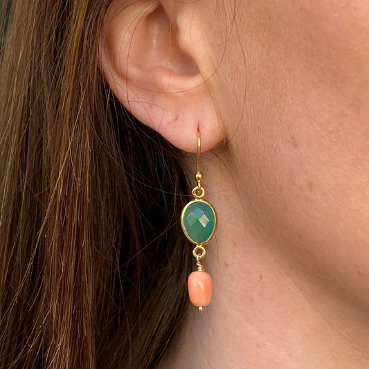 Bruno jade and rose coral hook drop earrings featuring vibrant coral and polished jade stones with elegant gold hooks.