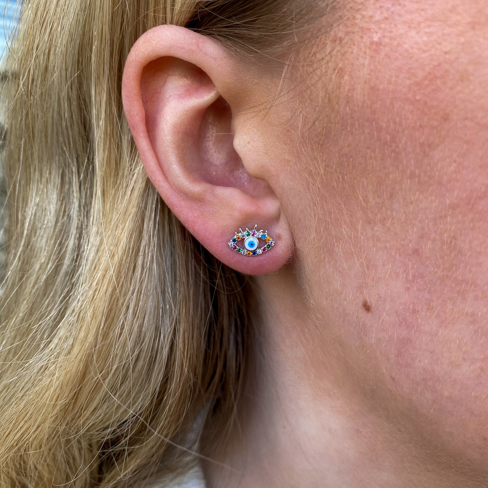 Silver Coloured CZ Evil Eye Stud Earrings - John Ross Jewellers