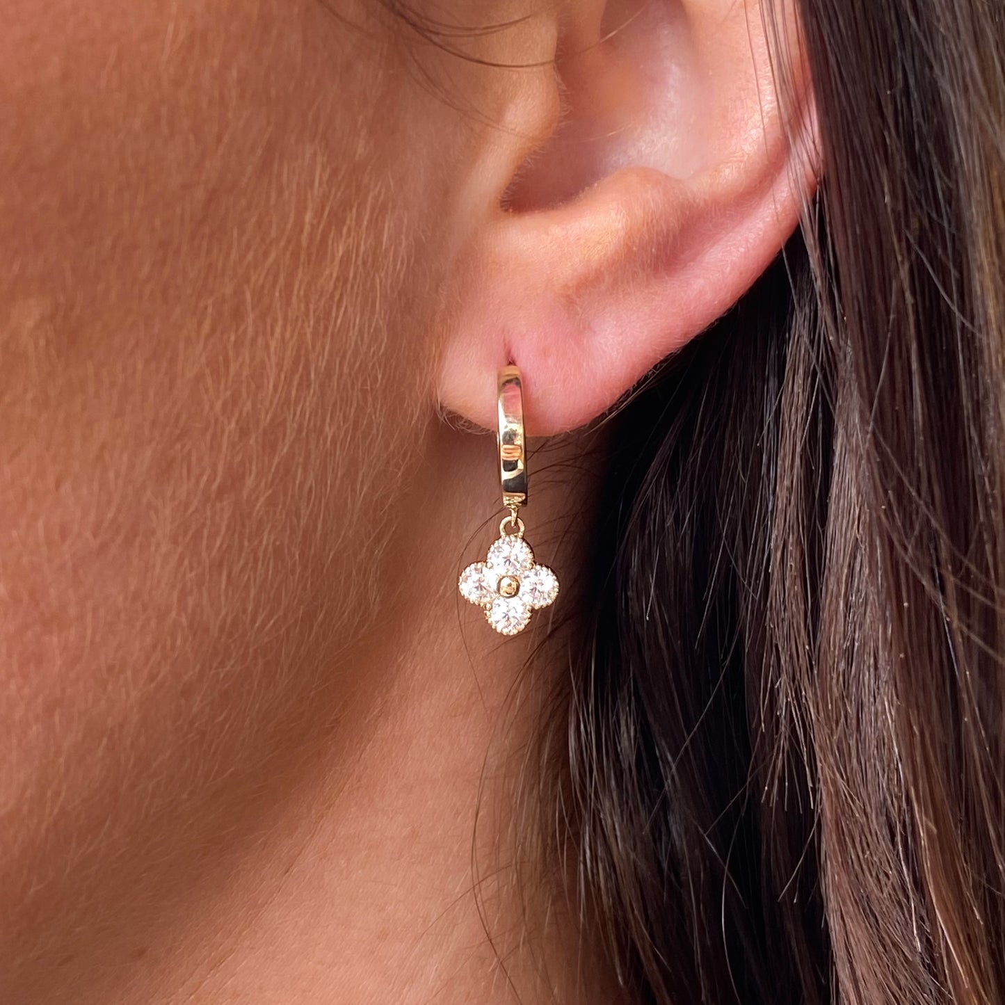9ct Gold Charming Huggie Hoop Earrings | CZ Quatrefoil - John Ross Jewellers