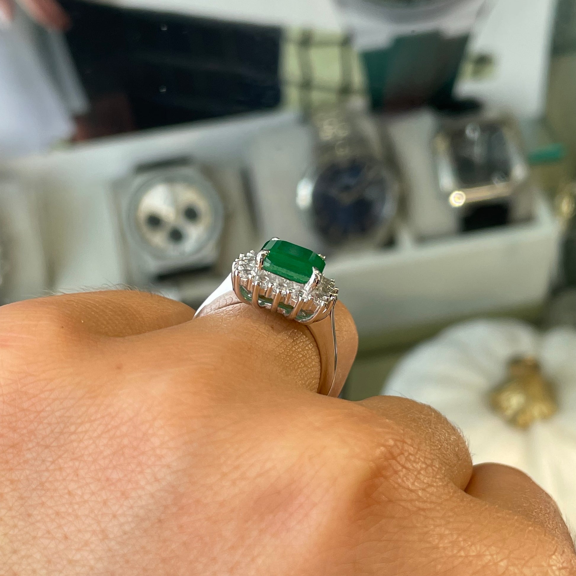 Silver Green CZ Emerald Cut Cluster Ring - John Ross Jewellers
