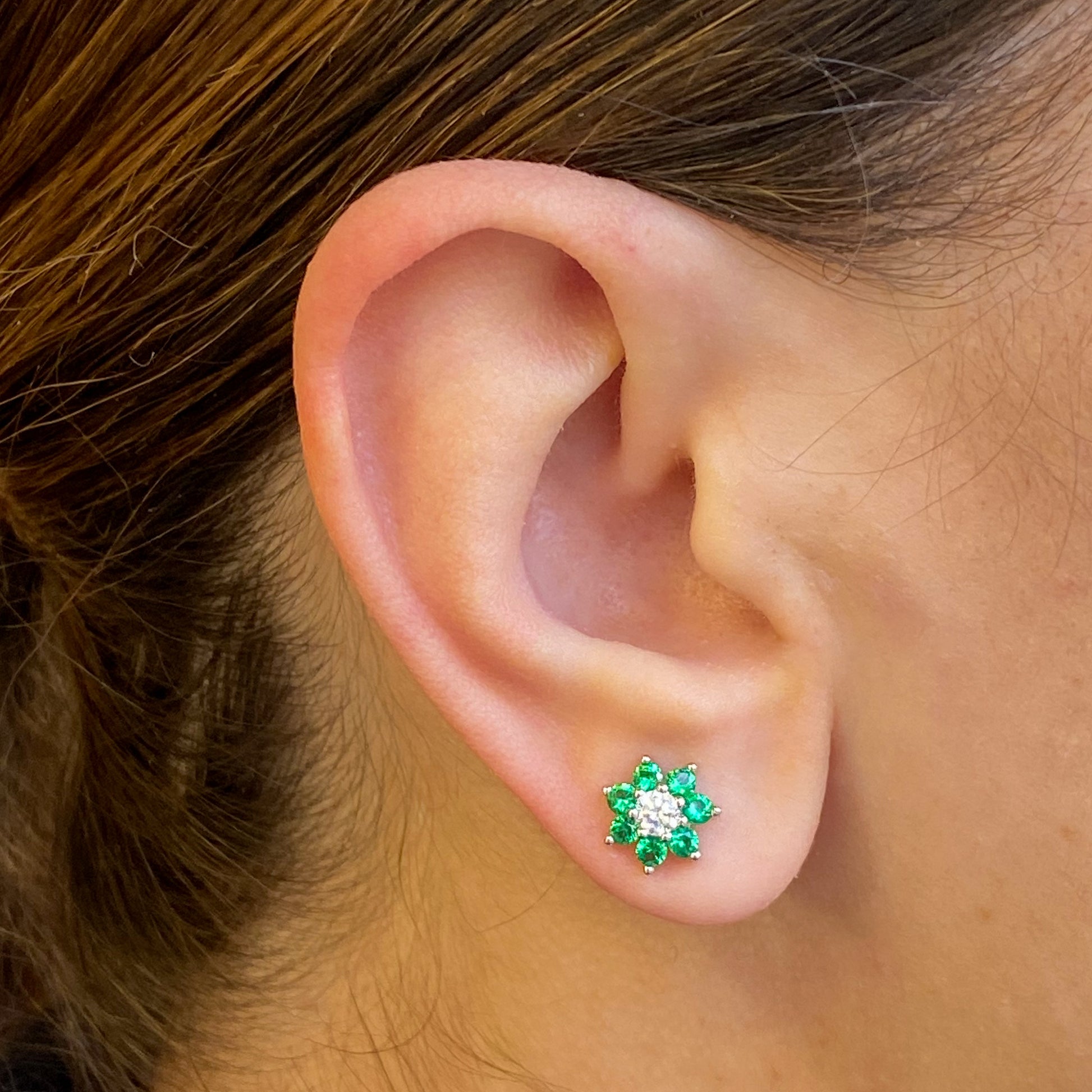 Silver Green & CZ Flower Cluster Stud Earrings - John Ross Jewellers