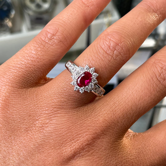 Silver Ruby Red Oval CZ Diana Ring with Shoulder - John Ross Jewellers