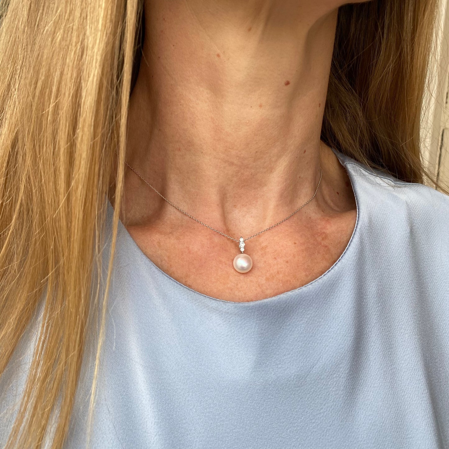 9ct White Gold Freshwater Pearl & CZ Pendant Necklace - John Ross Jewellers