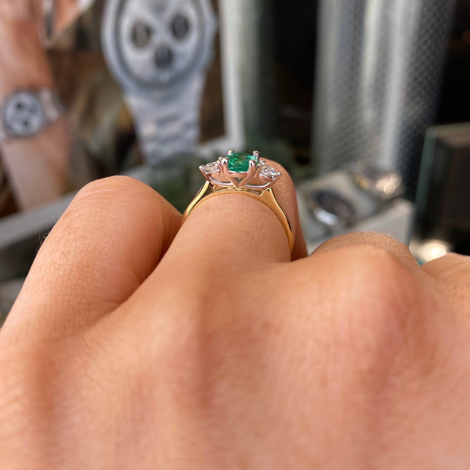 18ct Gold Emerald & Diamond Trilogy Ring - John Ross Jewellers