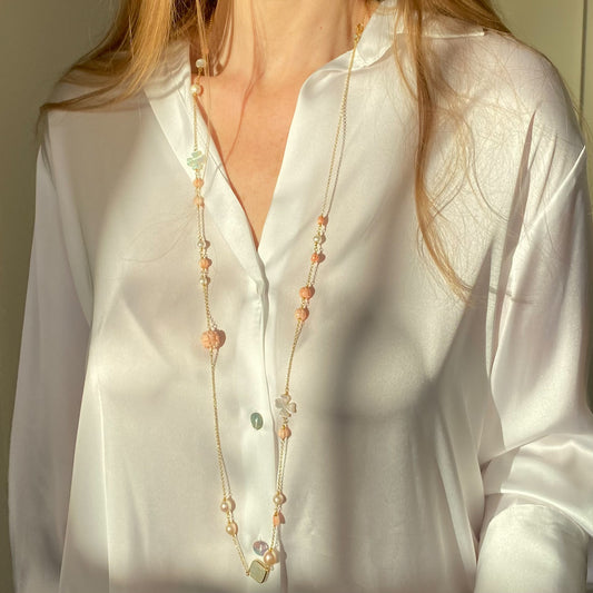 Peach Crush - Rose Coral, Mother of Pearl & Pearl Necklace | 110cm - John Ross Jewellers