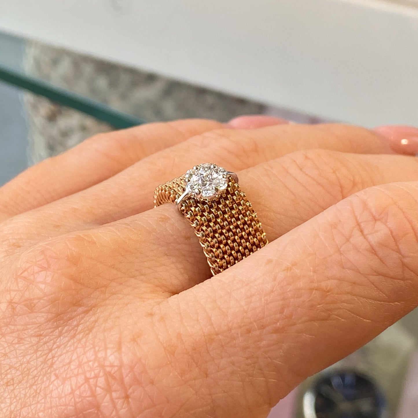 Stretchy Steel Ring with Diamond Set Centrepiece