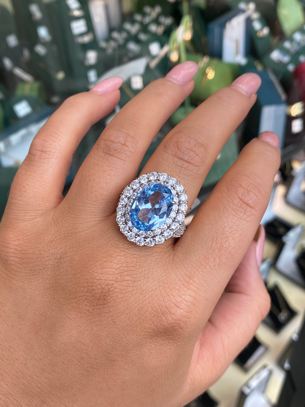 Silver Oval Cut Statement Ring | Aqua Blue