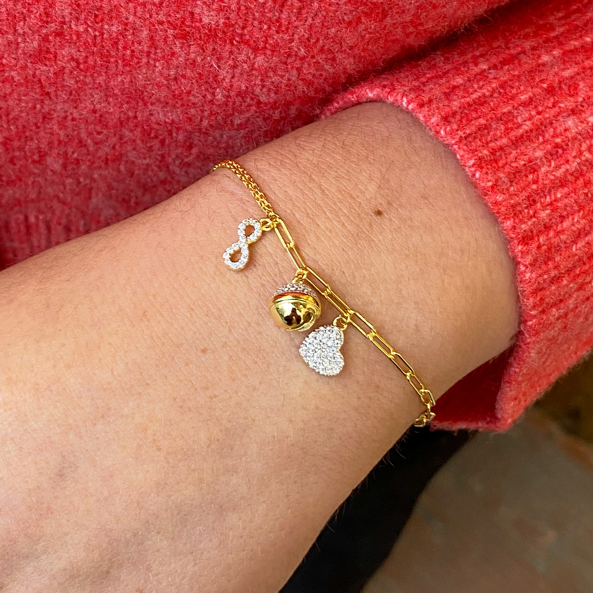 Sunshine CZ Charm Bracelet | Infinity, Bell & Heart - John Ross Jewellers