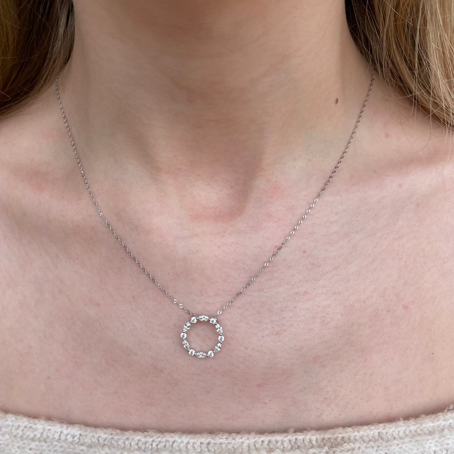 9ct white gold CZ circlet eternity necklace with sparkling cubic zirconia stones, elegant and timeless jewelry by Mark Milton.
