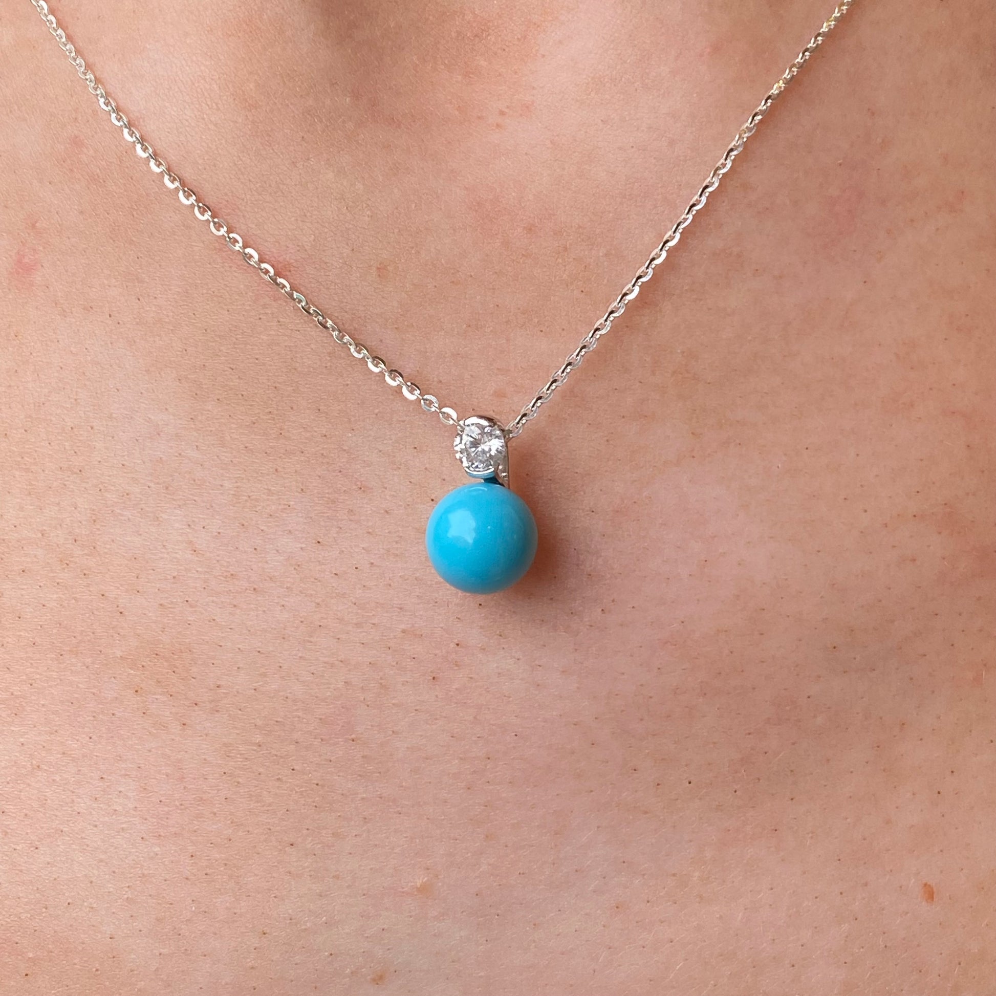 Silver 10mm Synthetic Turquoise & CZ Pendant Necklace  | 18" - John Ross Jewellers