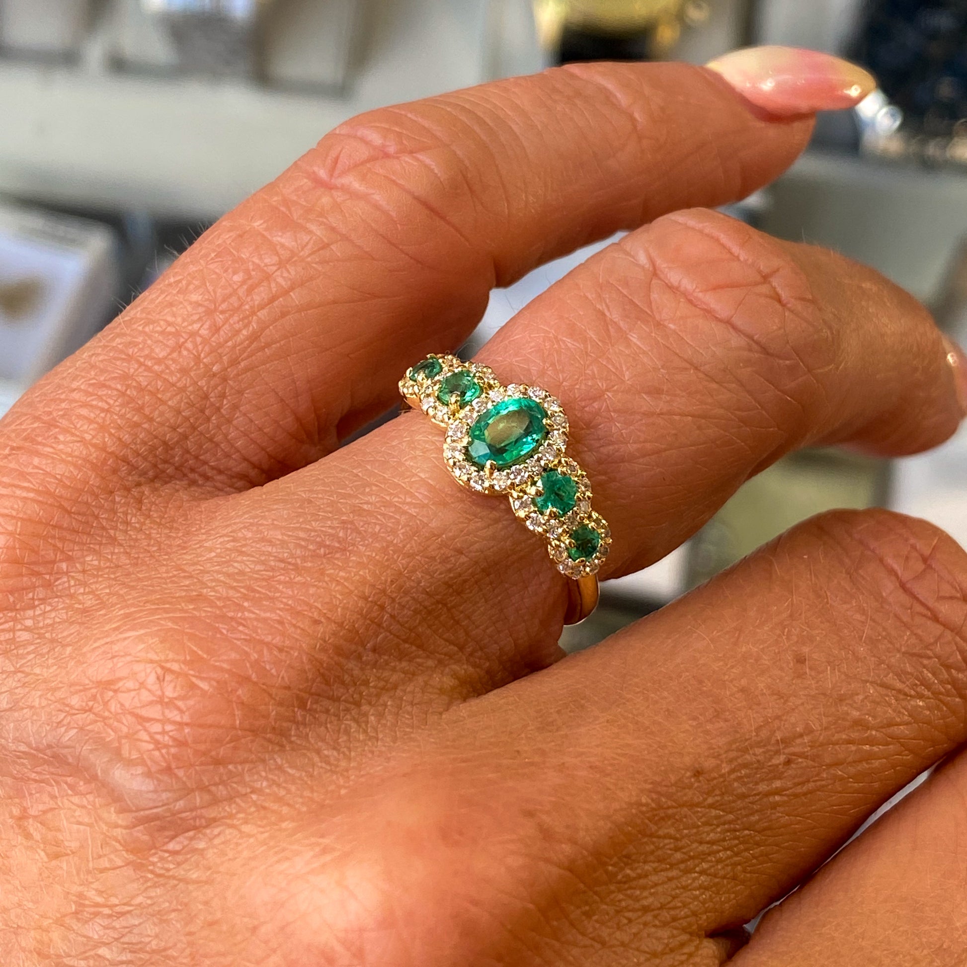 18ct Gold Emerald & Diamond Garland Ring - John Ross Jewellers