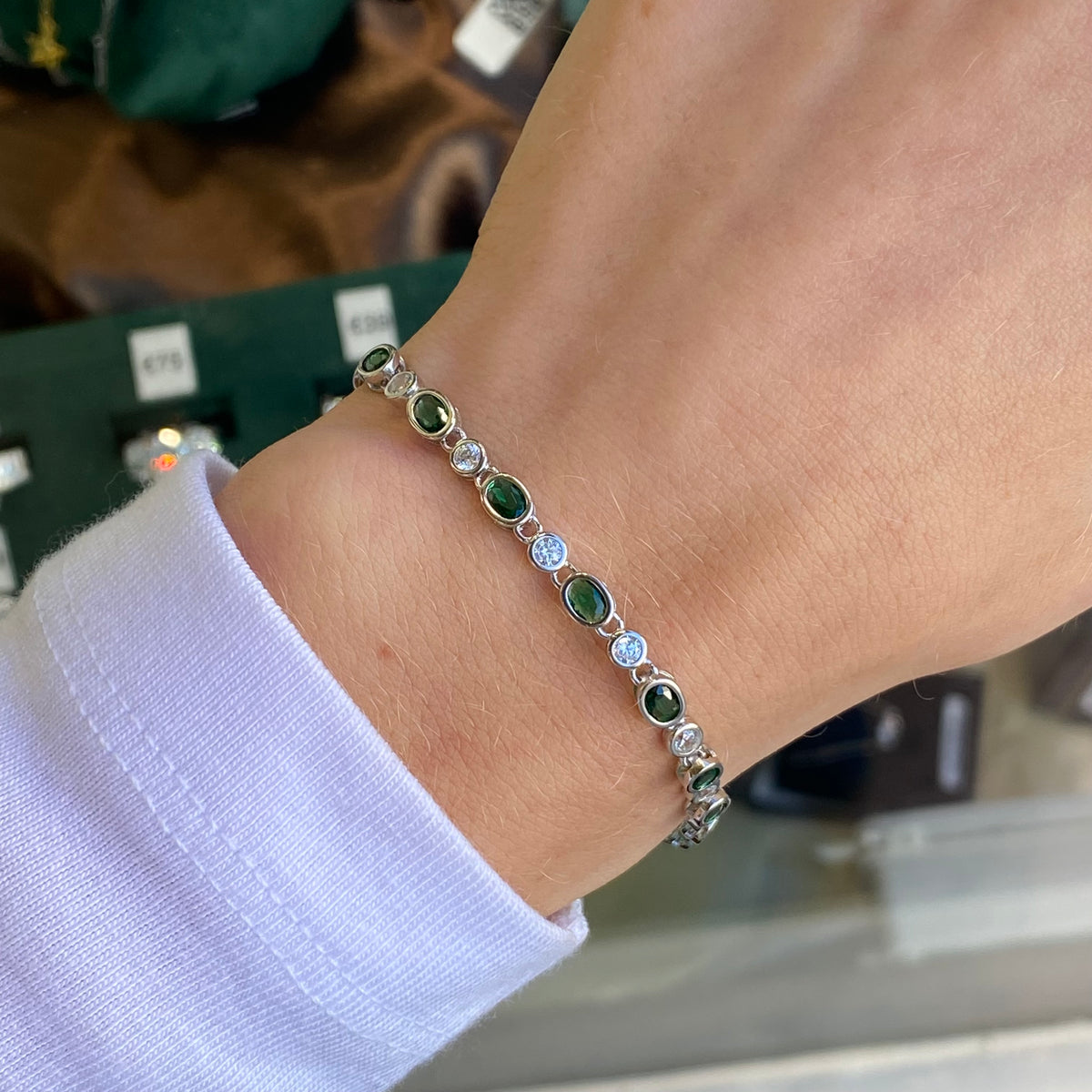 Silver CZ Ovals Line Bracelet | Emerald Green