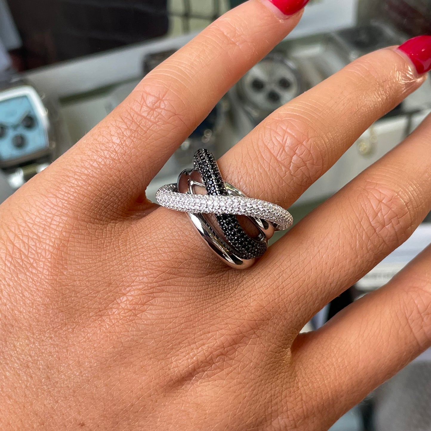 Silver Monochrome Crossover Ring - John Ross Jewellers