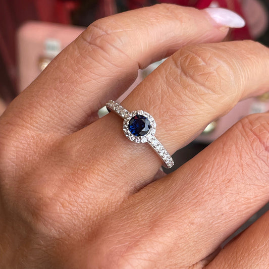 Silver Round Halo CZ Ring | Sapphire Blue - John Ross Jewellers