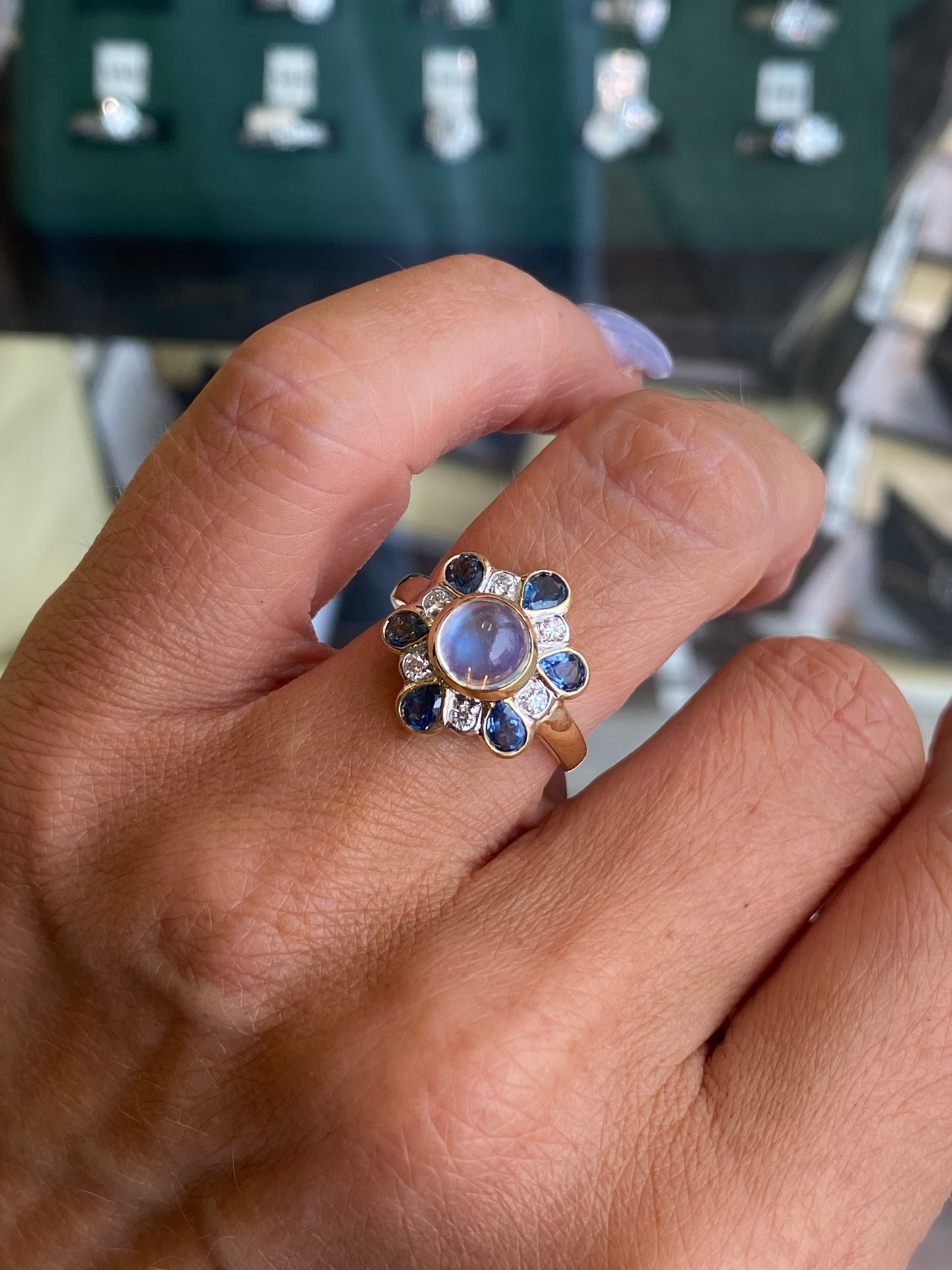 9ct Gold Rainbow Blue Moonstone, Sapphire & Diamond Ring