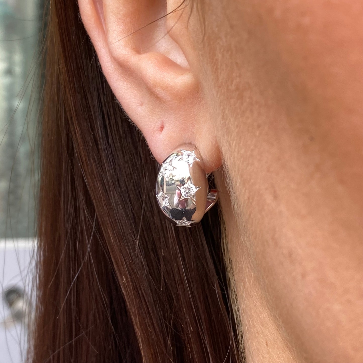 Silver Star Studded CZ Chunky Earrings | Clip Wire