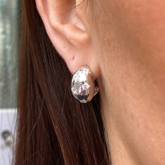 Silver Star Studded CZ Chunky Earrings | Clip Wire