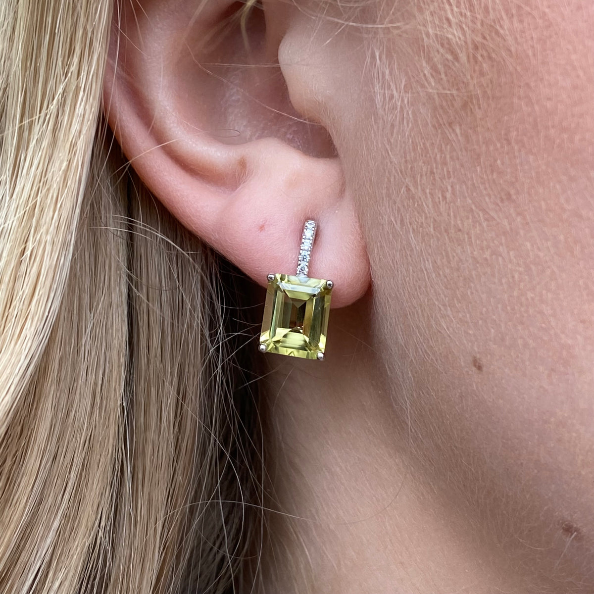 Silver Peridot Emerald Cut Clip Stud Earrings