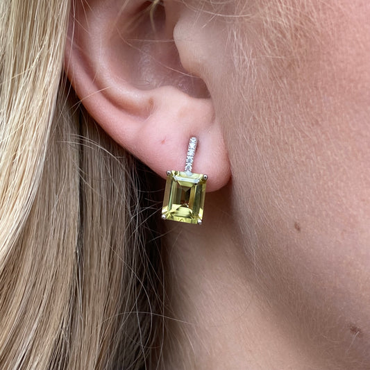 Silver Peridot Emerald Cut Clip Stud Earrings