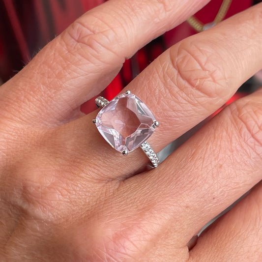 Silver Statement Cushion Solitaire Ring | Soft Pink