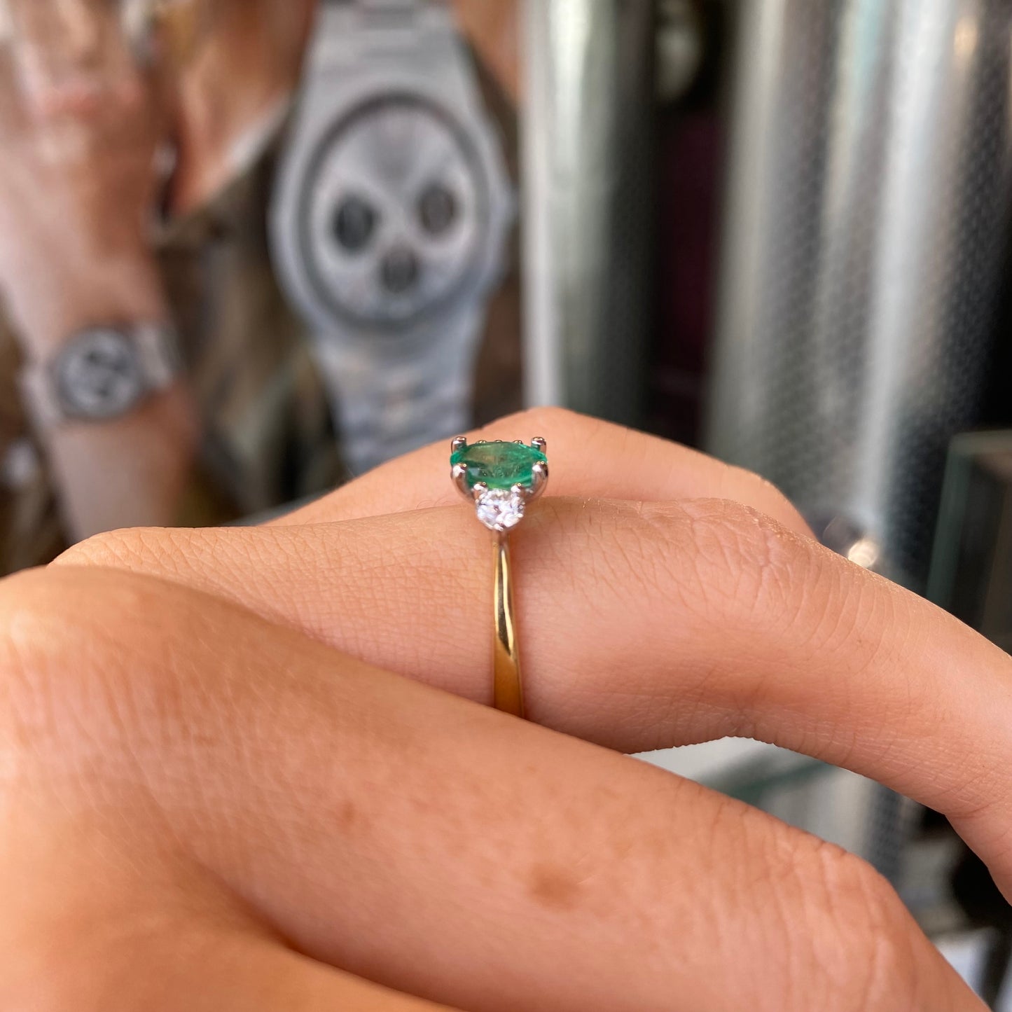 18ct Gold Emerald & Diamond Trilogy Ring - John Ross Jewellers