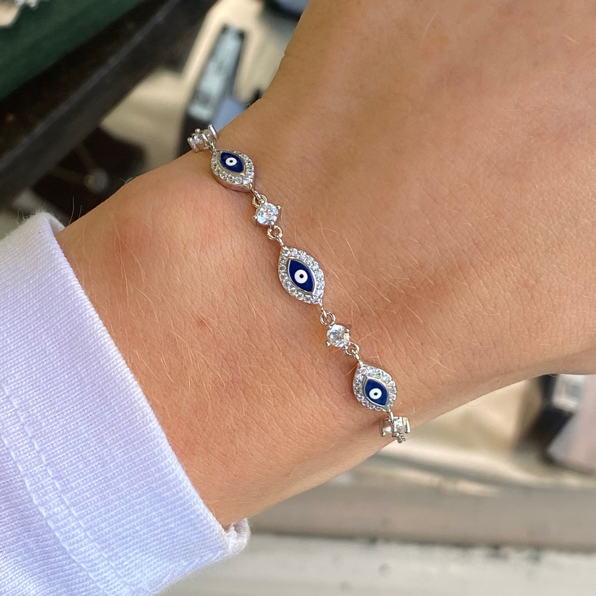 Silver CZ Evil Eye Bracelet