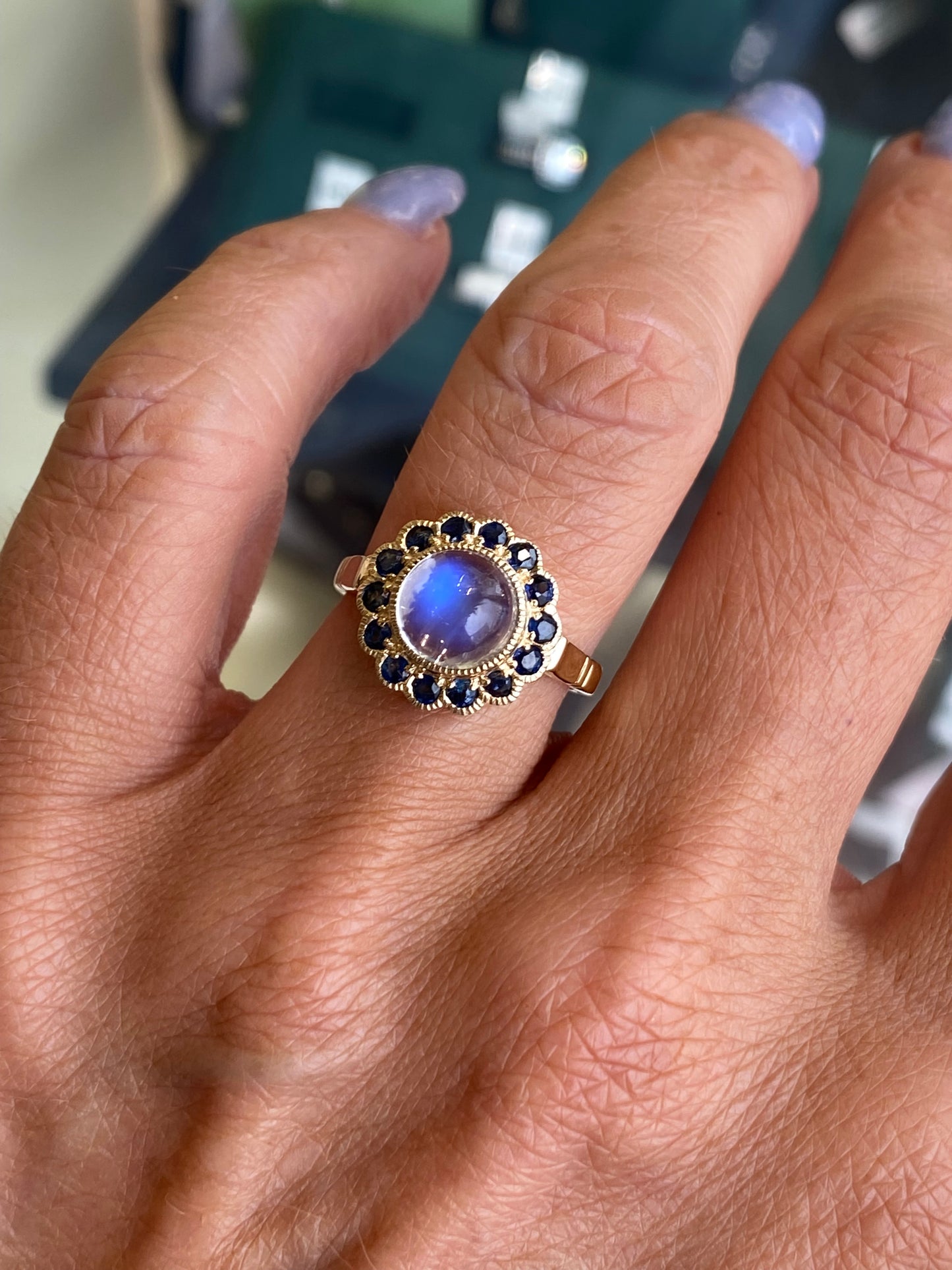 9ct Gold Rainbow Blue Moonstone & Sapphire Ring