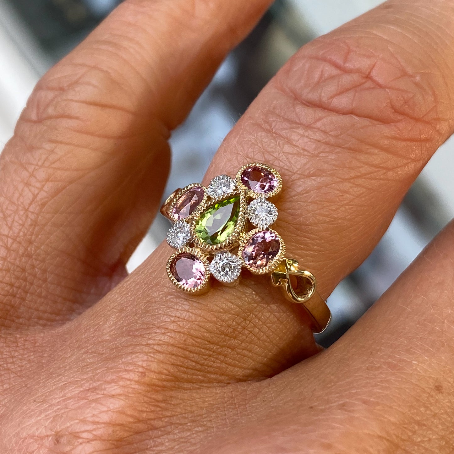 9ct Gold Peridot, Pink Tourmaline & Diamond Ring