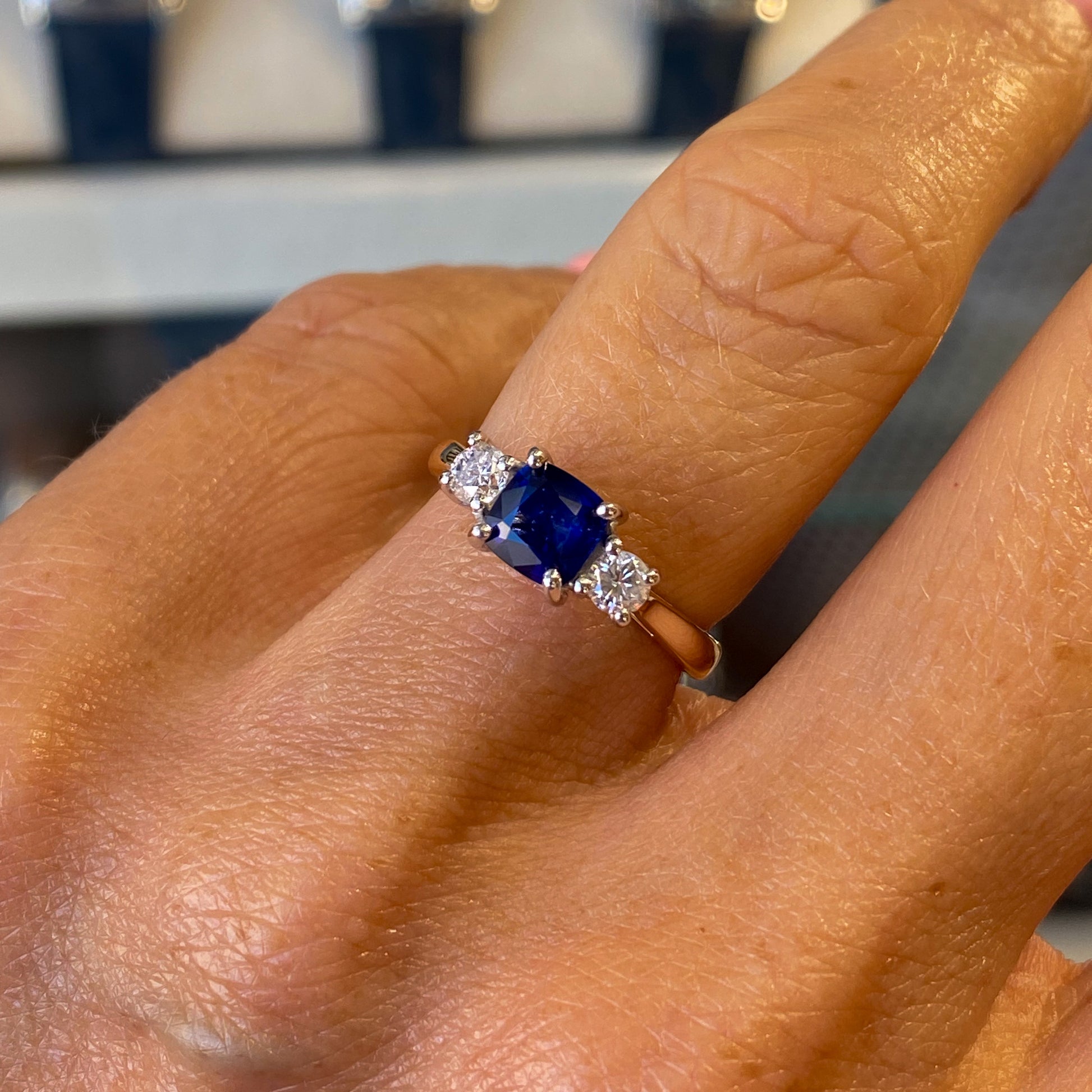18ct Gold Cushion Sapphire & Diamond Engagement Ring | 1.09ct + 0.34ct - John Ross Jewellers