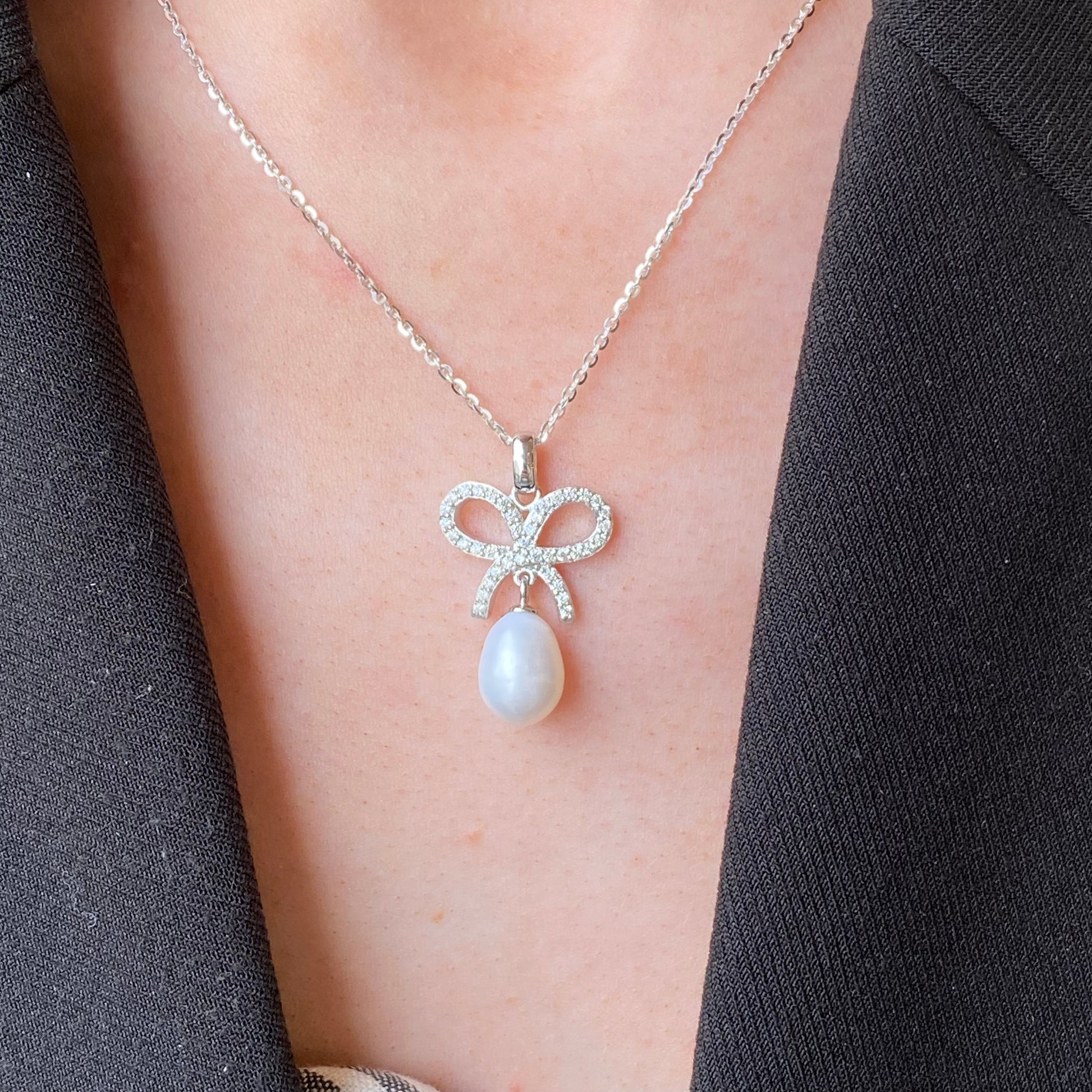 Silver 8x10mm Freshwater Pearl & CZ Bow Necklace | 18" - John Ross Jewellers