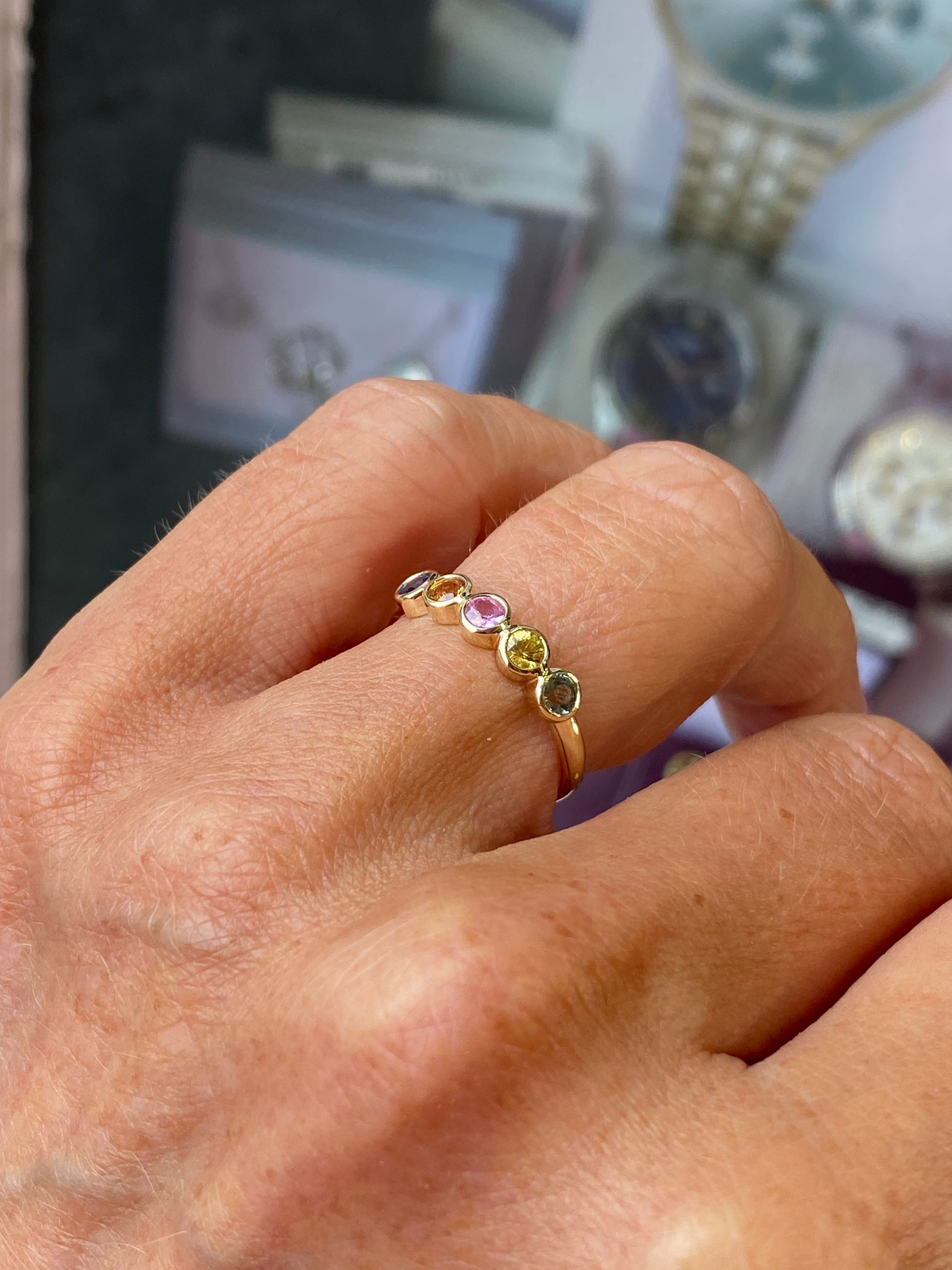 9ct Gold Five Stone Gemstone Ring - Pastel Sapphires - John Ross Jewellers