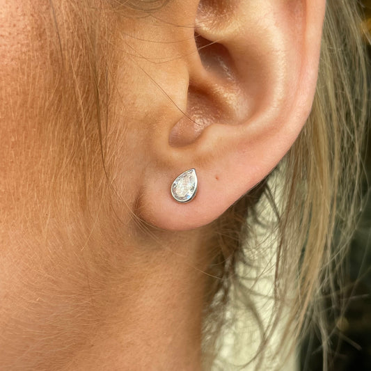 9ct White Gold Pear CZ Rubover Stud Earrings