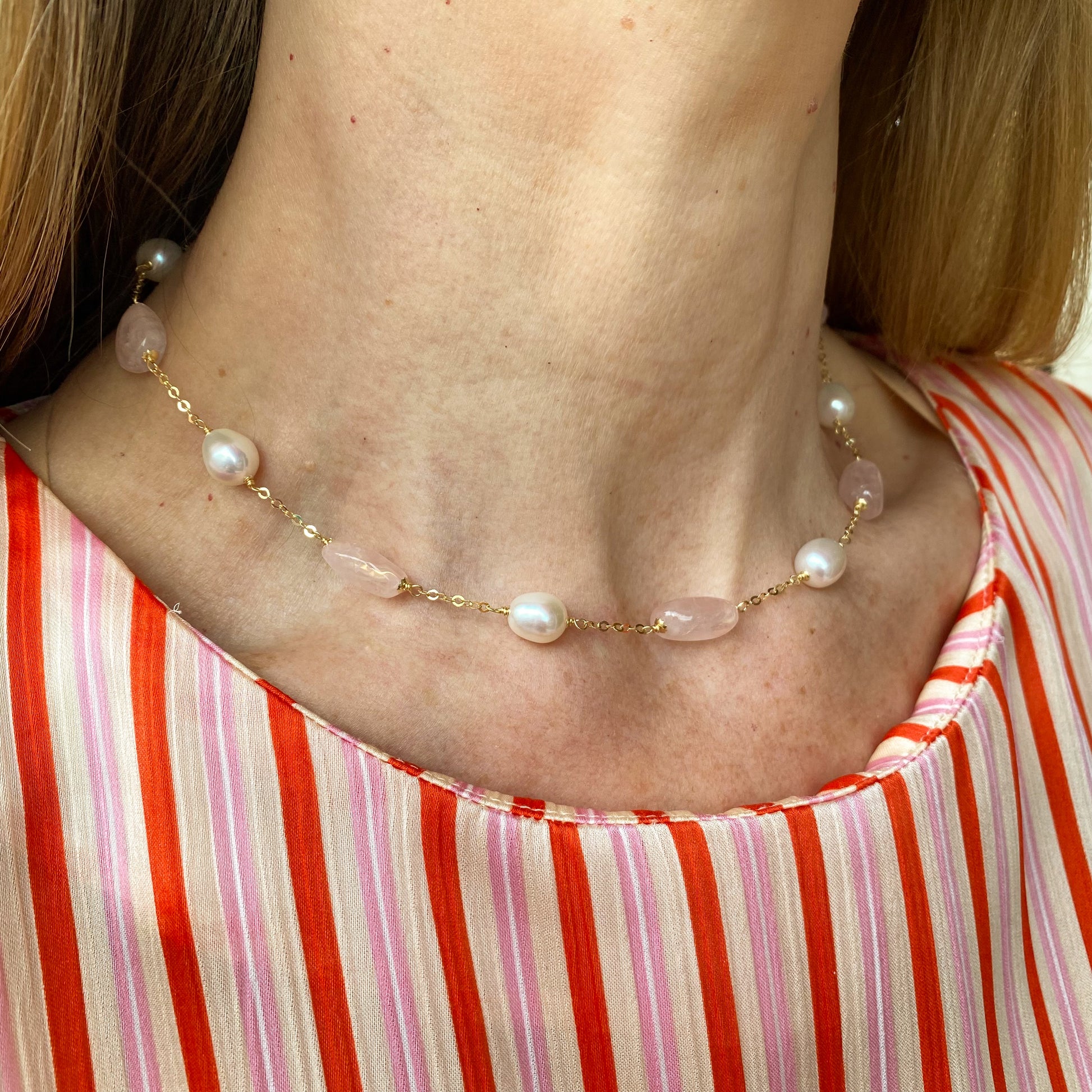 18ct Gold Rose Quartz, Pearl & Chain Necklace - John Ross Jewellers