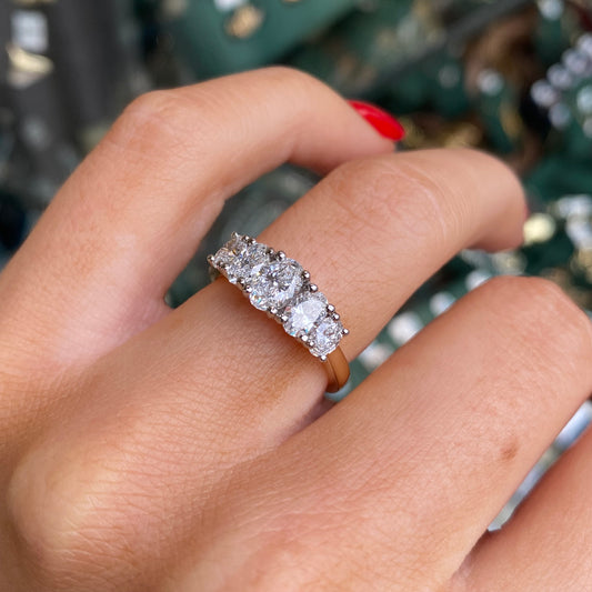 18ct gold oval five stone eternity ring by Prima with 1.53ct certified lab diamonds, showcasing a luxurious and elegant design.