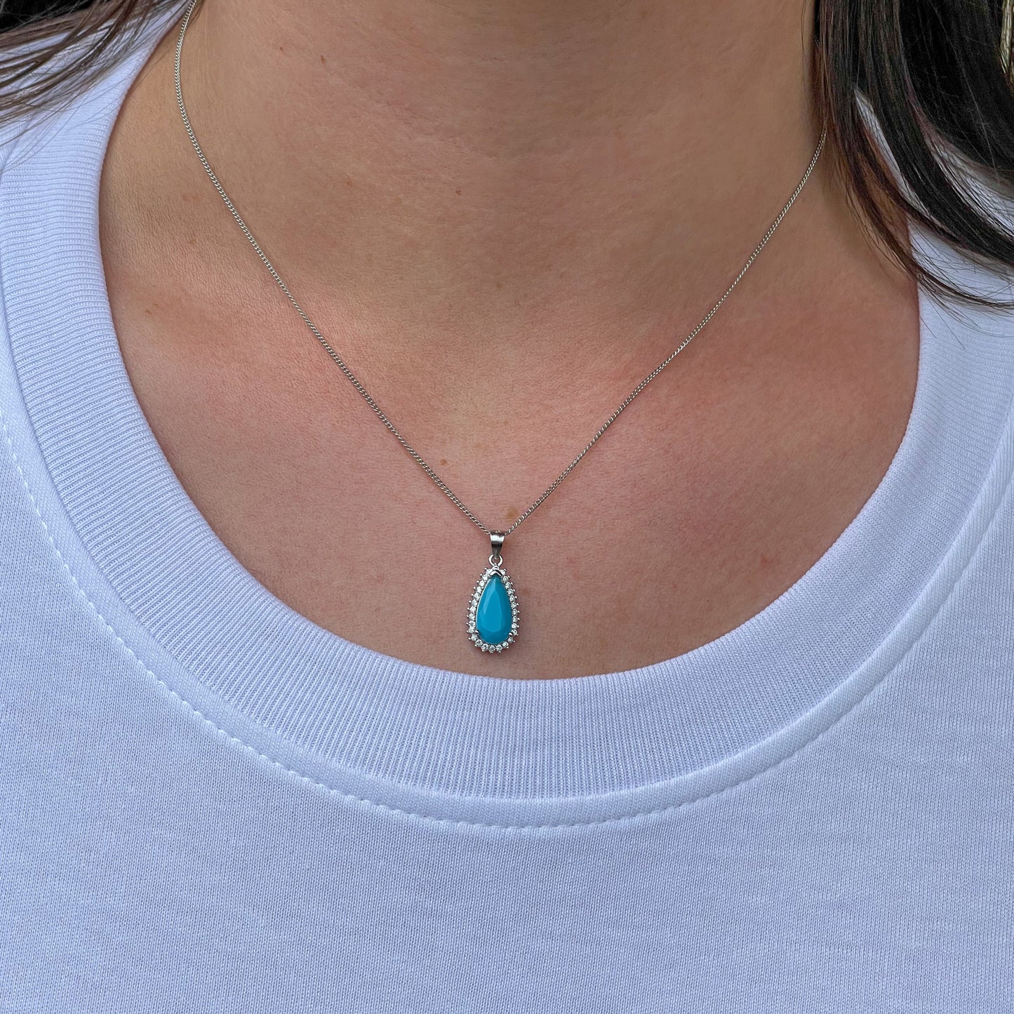 Silver CZ Pear Halo Earring & Necklace Set | Turquoise