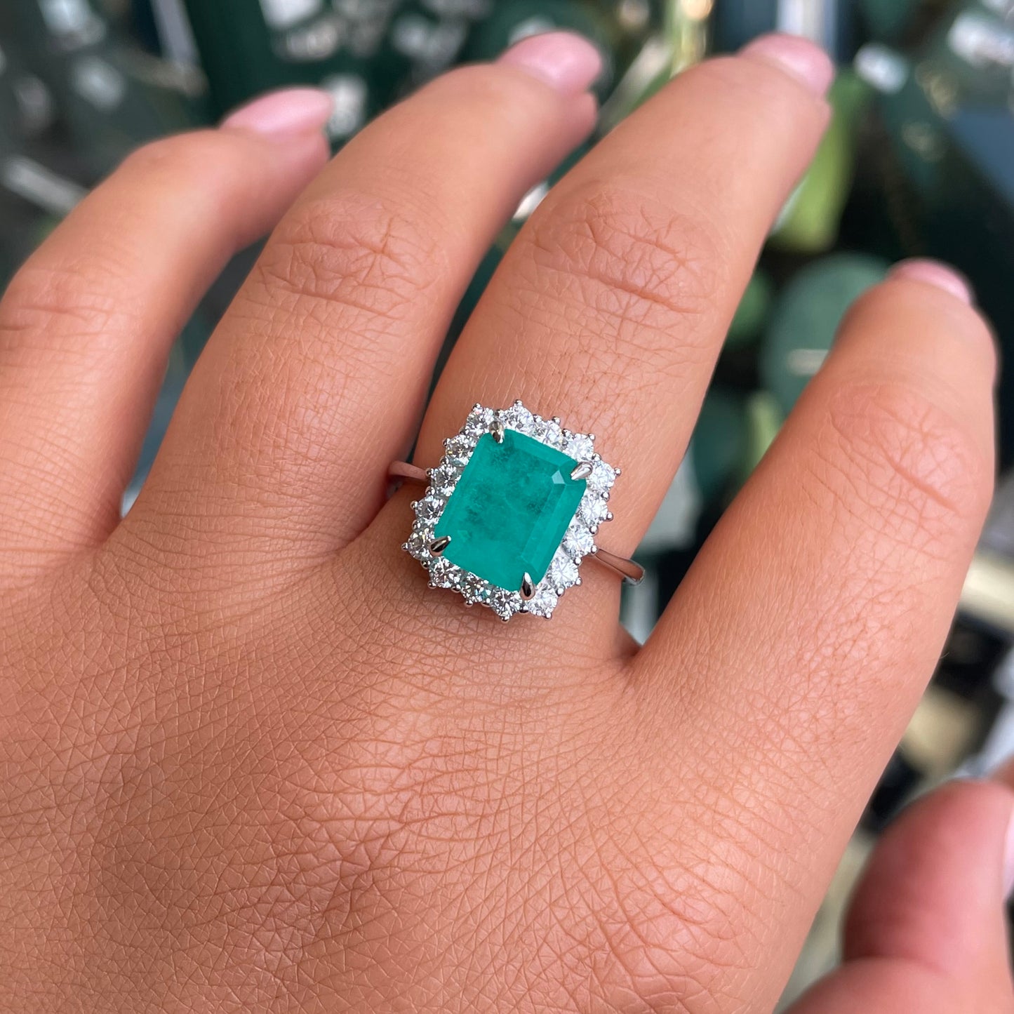 Silver Emerald Cut CZ Cluster Ring | Paraiba