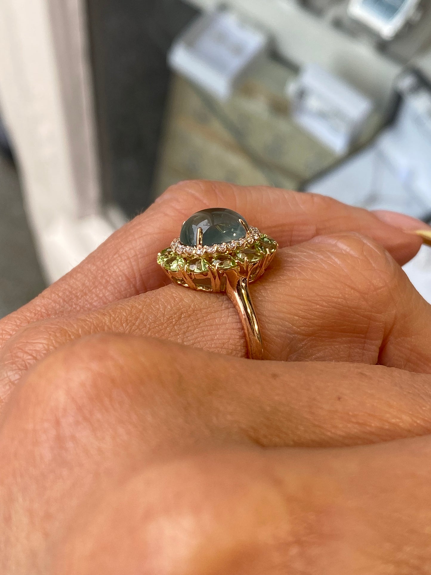 18ct Gold Prehnite, Peridot & Diamond Ring - John Ross Jewellers